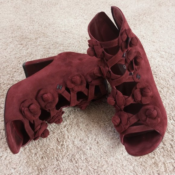 CHANEL suede camelia booties size 39.5  - Picture 1 of 6